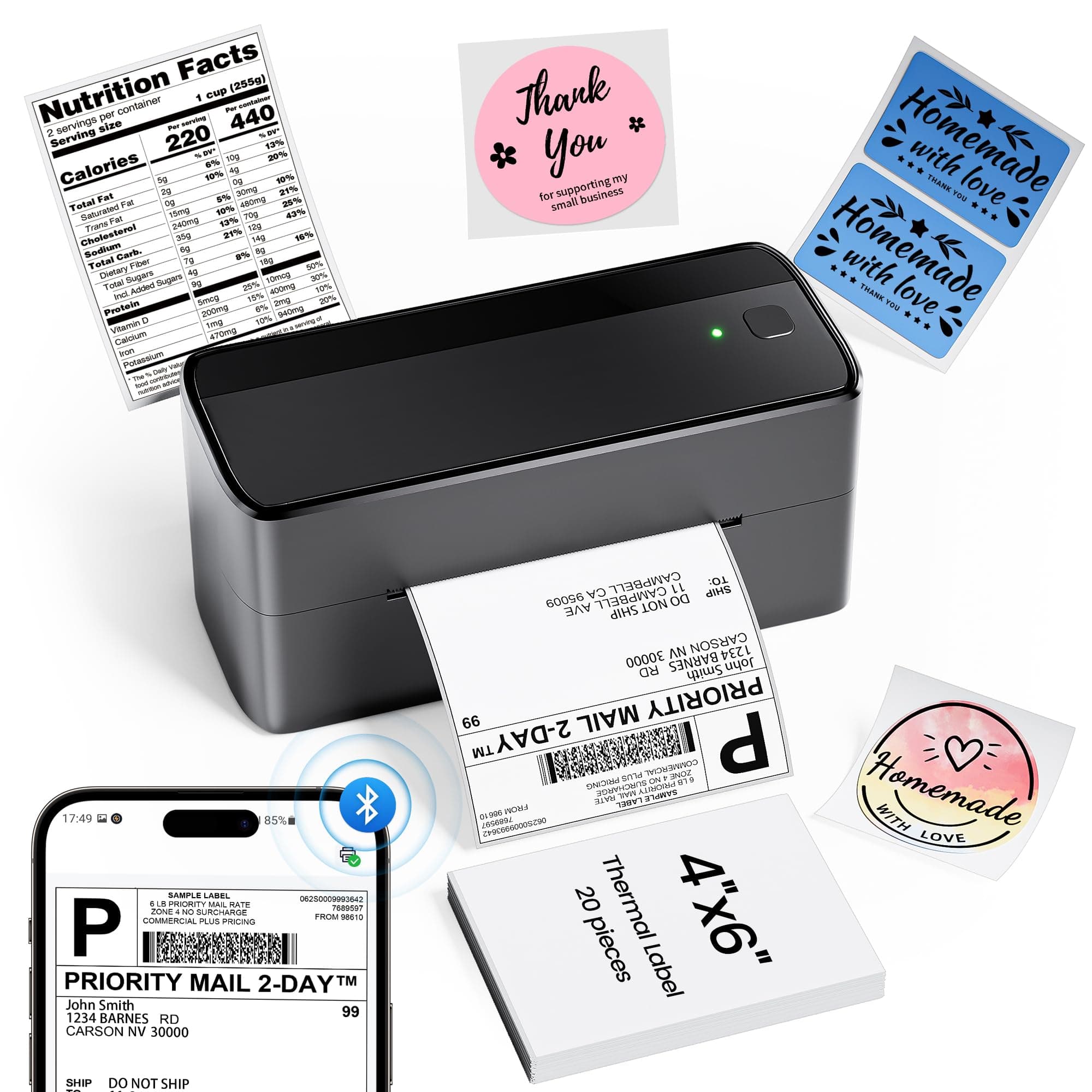 4x6 Shipping Label Printer - 241BT Bluetooth Thermal Label Printer Compatible with iOS&Android, Windows, Mac, Chrome OS, Wireless Thermal Printers for Small Business, Barcode, Packages - Black