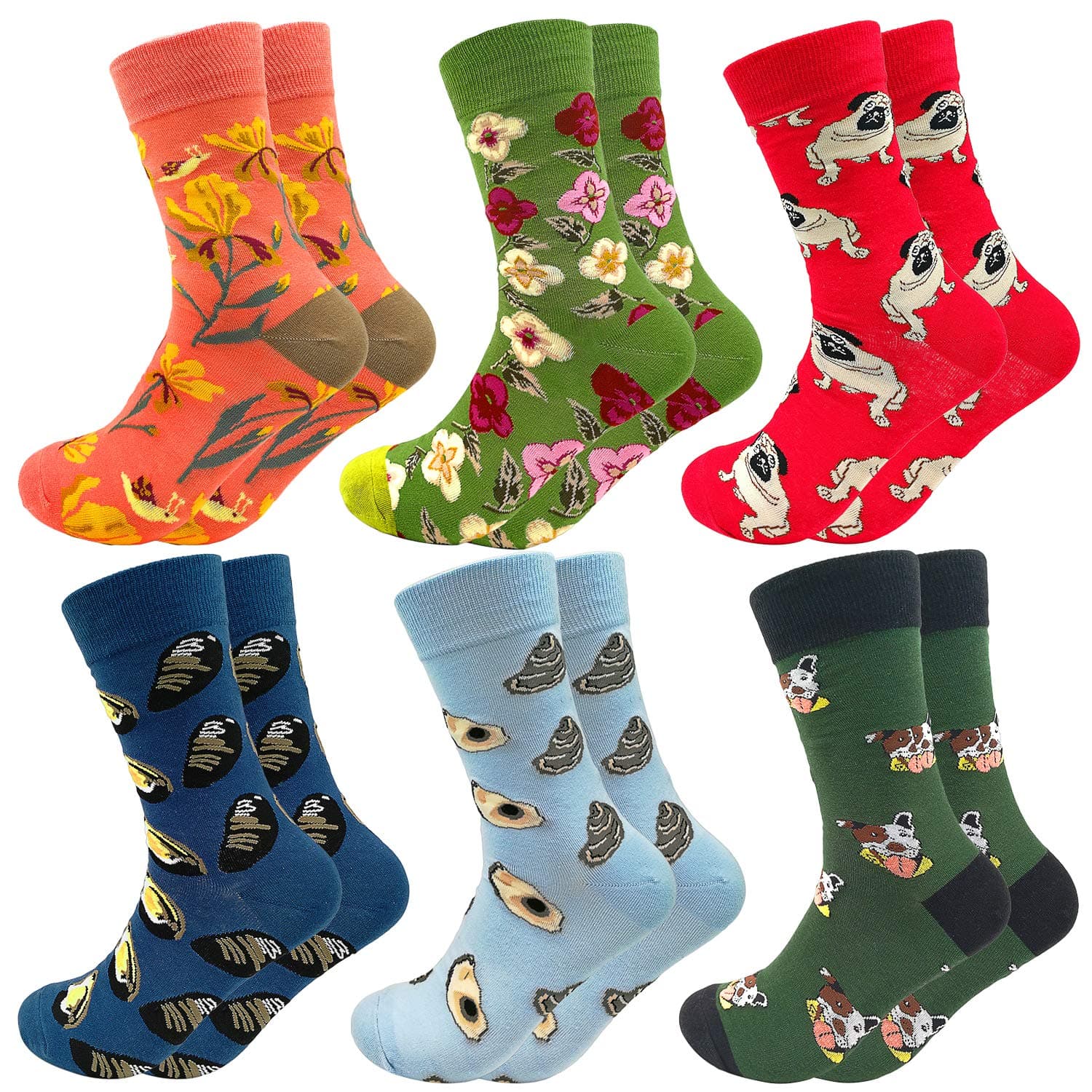 Fun Colorful Socks Combed Cotton Stockings Mid Calf Art Patterned Funky Happy Sock Packs, 6 Pairs 602n, One Size