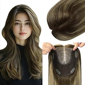 Hair Toppers for Women Real Human Hair, 6x7 inch Larger Silk Base 150 Density 65 grams 14inch Balayage Chocolate Brown To Caramel Blonde Wiglet Top Pieces Add Volume（#4274 14inch）