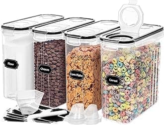 Skroam 4PCS Cereal Containers Storage [4L/135.2 oz], Airtight Food Storage Containers with Pour Spout for Kitchen & Pantry Organization Storage, Plastic Cereal Dispensers, Measuring Cup & 20 Labels