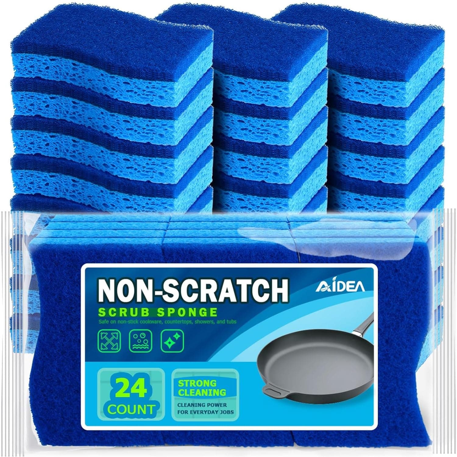 AIDEA Non Scratch Scrub Sponge, 24Count, Sponges for Dishes, Sponges Kitchen, Cleaning Sponge, Cleans Fast Without Scratching, Stands Up to Stuck-on Grime, Cleaning Power for Everyday Jobs