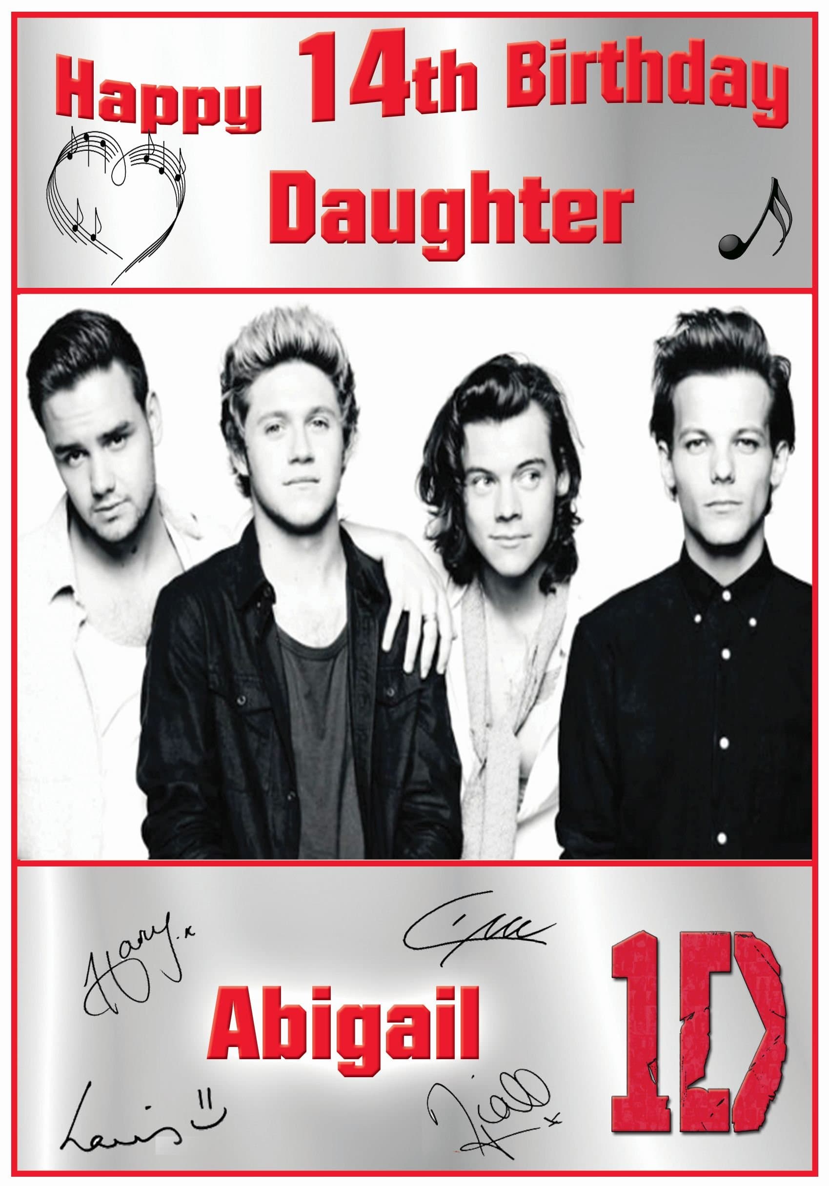Personalised One Direction Birthday Cards - 2 Designs (Red & Silver)
