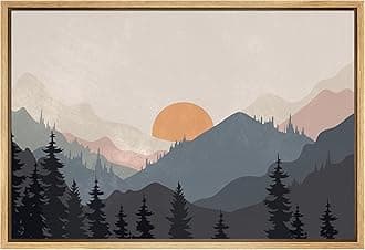 SIGNFORD Framed Canvas Print Wall Art Woodland Nursery Decor Sunrise Pastel Mountain River Nature Wilderness Modern Art Decorative Boho Relax/Zen for Living Room, Bedroom, Office - 24"x36" Natural