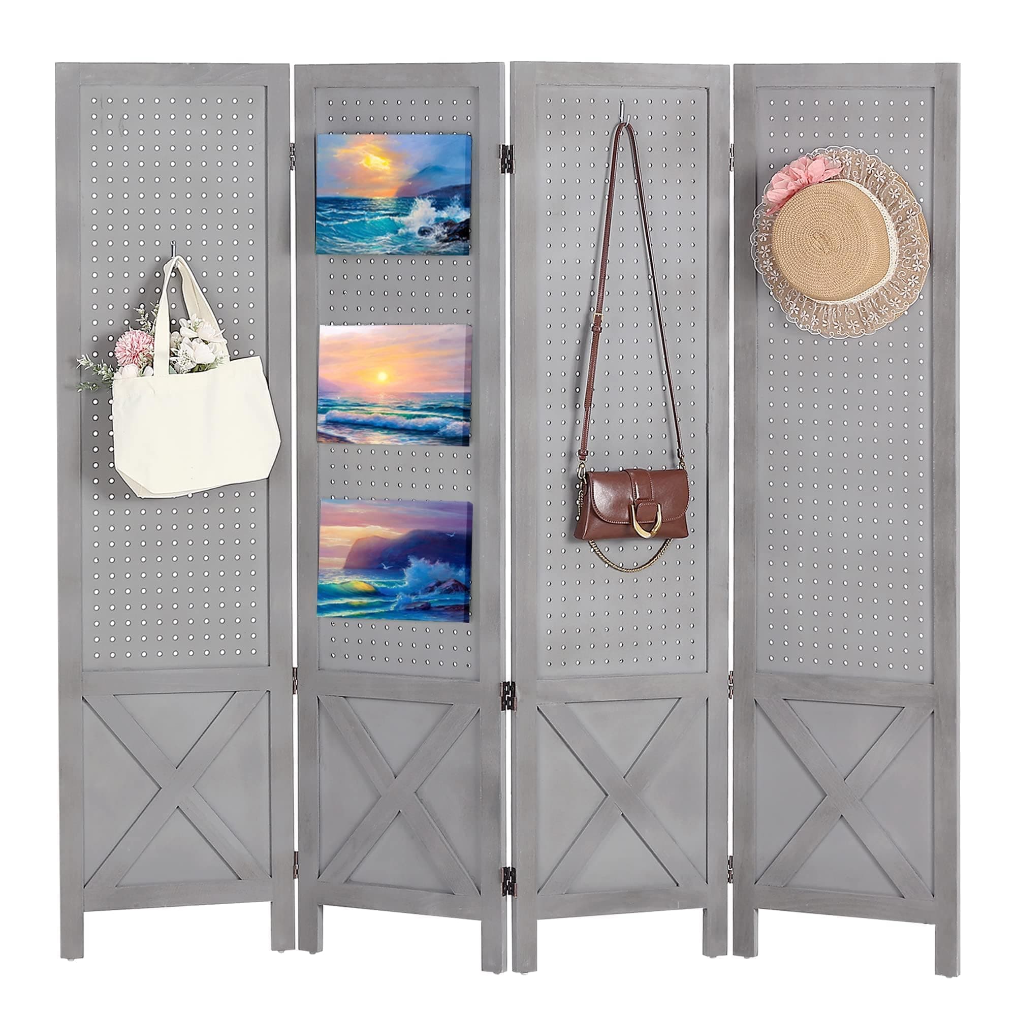 Wnutrees 4 Panel Pegboard Display, 5 Ft Wood Folding Privacy Screens Room Divider, Portable Freestanding Display Board for Craft/Art Shows, Retail, Events, Wall Organizer, Rustic Barnwood, Grey