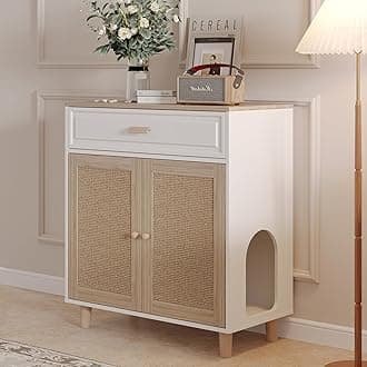 - Cat Litter Box Enclosure Furniture Hidden Indoor 2-in-1 Wooden Cat House & Washroom Cabinet with Scratching Board Doors and Drawer, 31.5"x15.7"x34.6"H