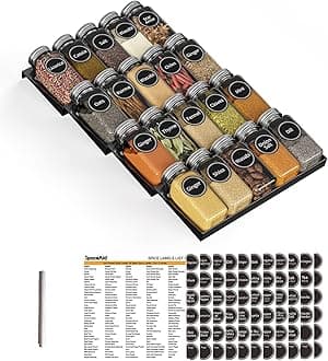 Spice Drawer Organizer with 20 Spice Jars, 386 Spice Labels, 4 Tier Seasoning Rack Tray Insert for Kitchen Drawers, 9-1/2" Wide x 17-1/2" Deep