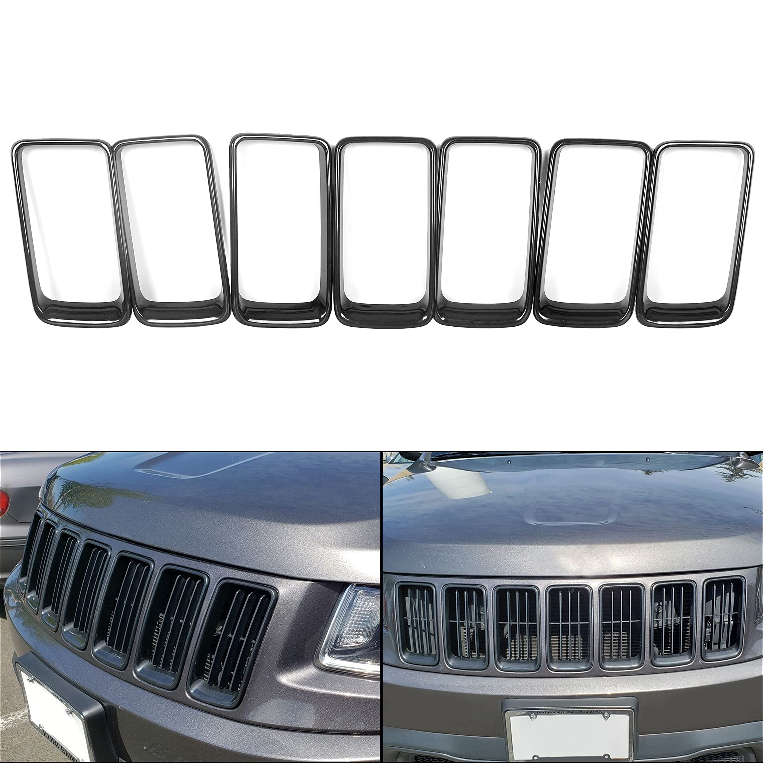 ECOTRIC Front Grill Trim Insert Ring Compatible with 2014-2016 Jeep Grand Cherokee (7pcs) Grille Gloss Black ABS