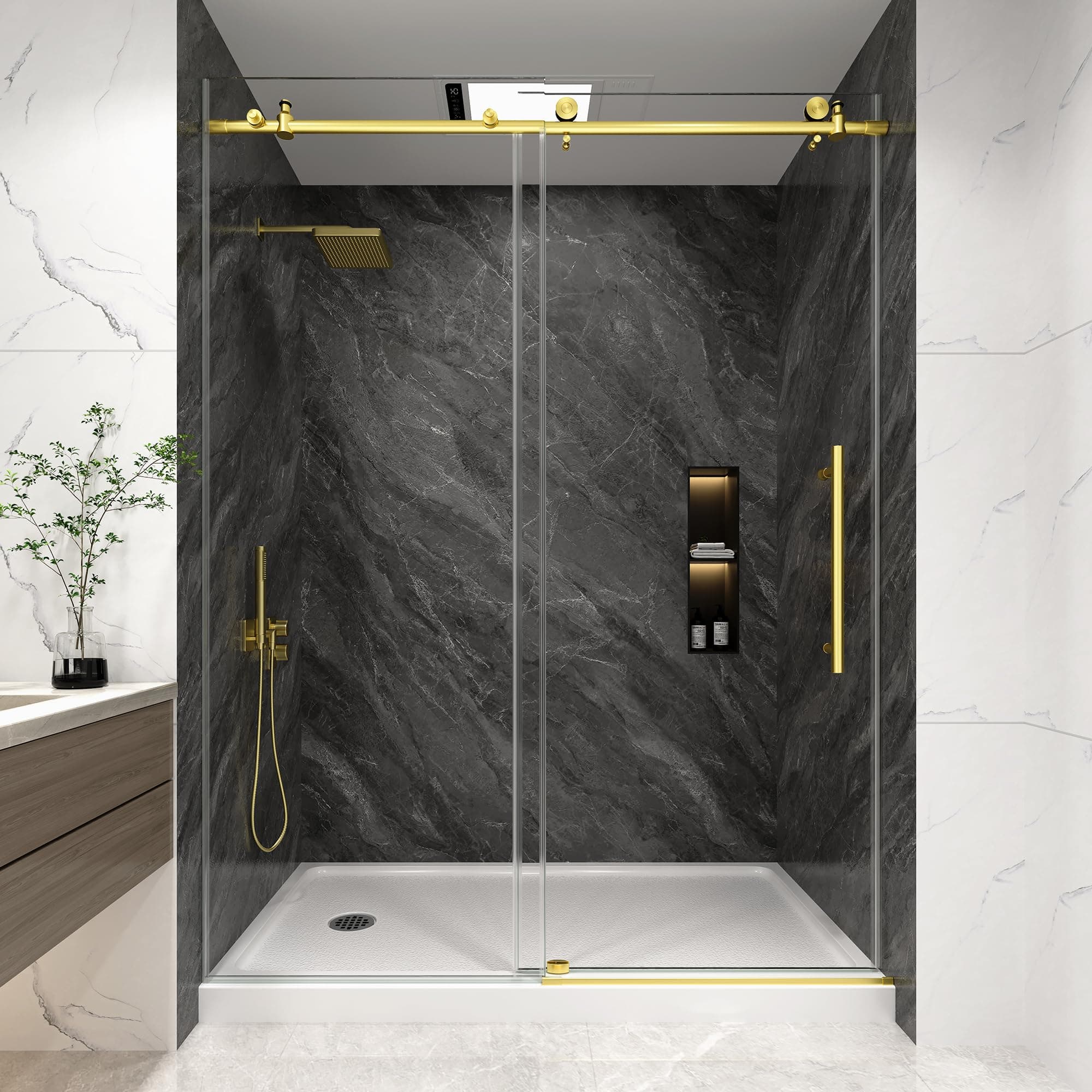 Frameless Shower Door, 43-48" W x 76" H Sliding Glass Shower Door, 1/4" (6mm) Thick Tempered Clear Glass with Explosion-Proof Film Nano Coating, Stainless Steel Hardware, Brushed Gold