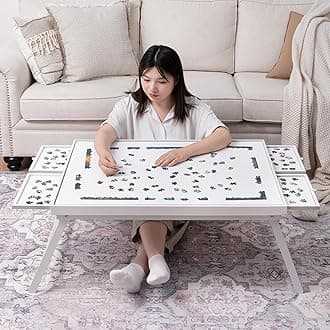 TEAKMAMA 1500 Piece Wooden Jigsaw Puzzle Board with 4 Drawers, Folding Puzzle Table with Protective Cover, Multifunctional Puzzle Board for Adults, 34W x 26.3D, White