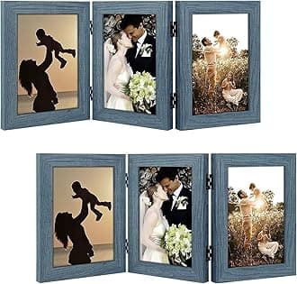 Golden State Art, 5x7 Three Picture Frame Trifold Hinged Photo Frame with 3 Openings, Desk Top Family Picture Collage, with Real Glass (5x7 Triple, Blue, 2-Pack)