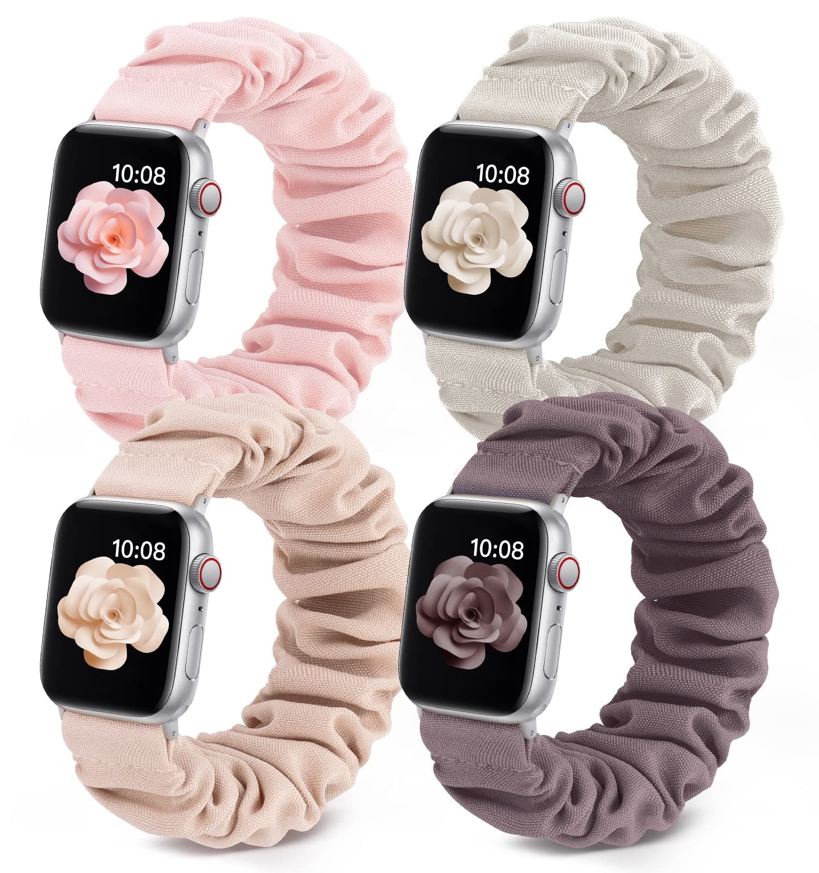 TreasureMax 4 Pack Bands Compatible for Apple Watch Band Scrunchie 41mm 40mm 38mm 45mm 44mm 42mm, Elastic Soft Pattern Printed Solo Loop Stretchy Women Strap for iWatch Series SE 7 6 5 4 3 2 1