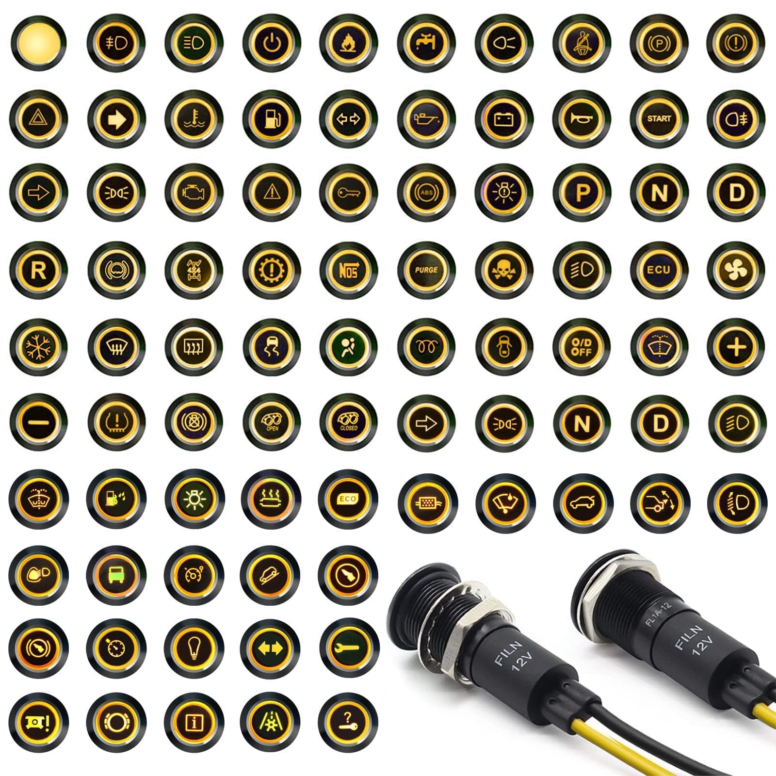 2 Pcs 12MM(1/2'') LED Indicator Light 180 symbols Metal Dash with Wire Suitable for Car Dashboard Marine Truck Machinery Industrial Electrical Equipment (Black Anodized, [Yellow]/ 2 Pcs)