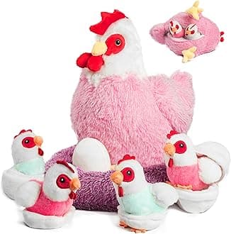 9 in 1 Chicken Stuffed Animal Set, Stuffed Chicken Toys for Kids Egg Laying Hen with Coop, Baby Chicks Plush Chickens and Eggs for Kids Christmas Birthday Easter Gifts Party Decor (Pink)