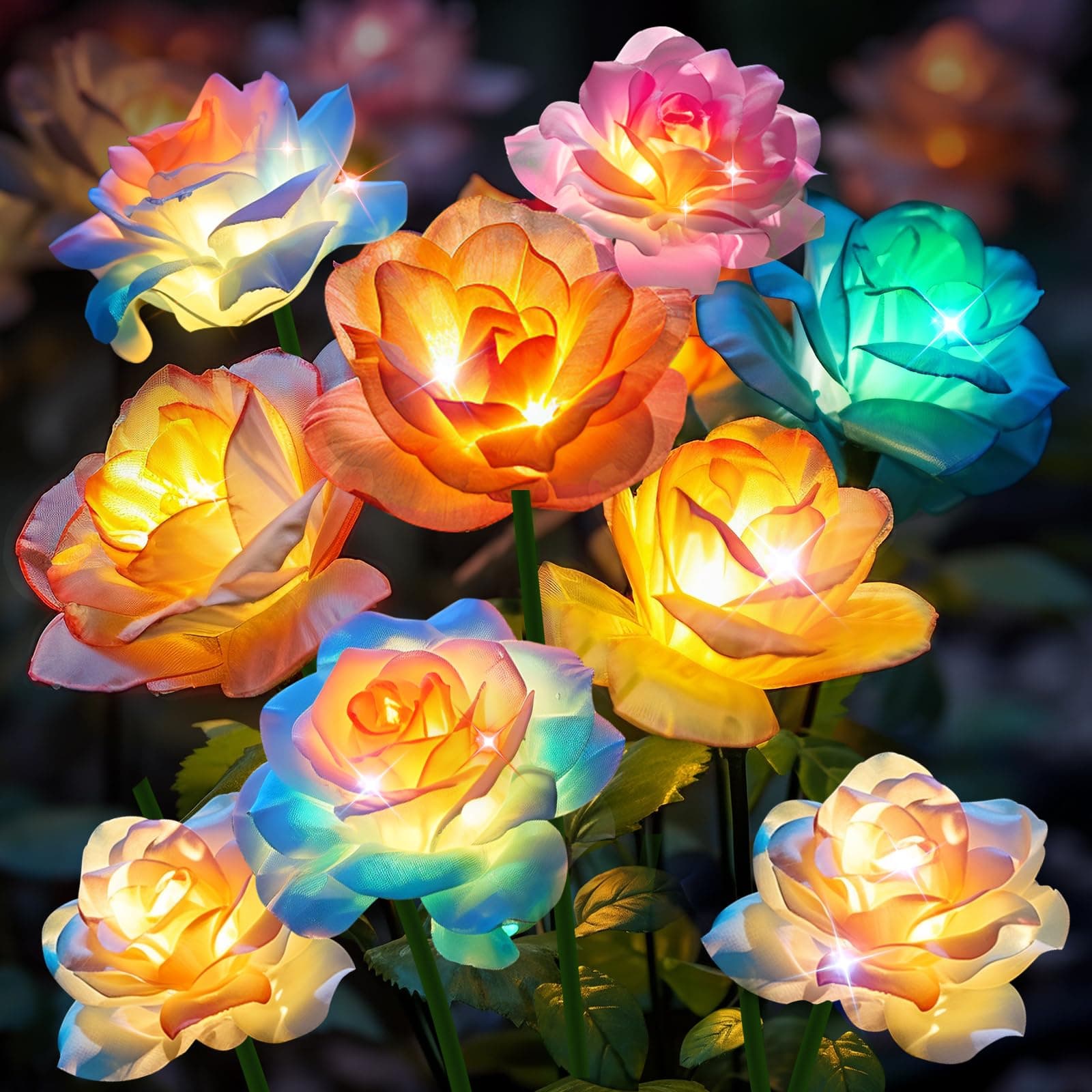 Solar Garden Lights: 4 Pack Decorative Solar Flowers with 20 Rose Flowers, 7 Color Changing Lights for Outside, Yard, Patio, Lawn, Party Decor