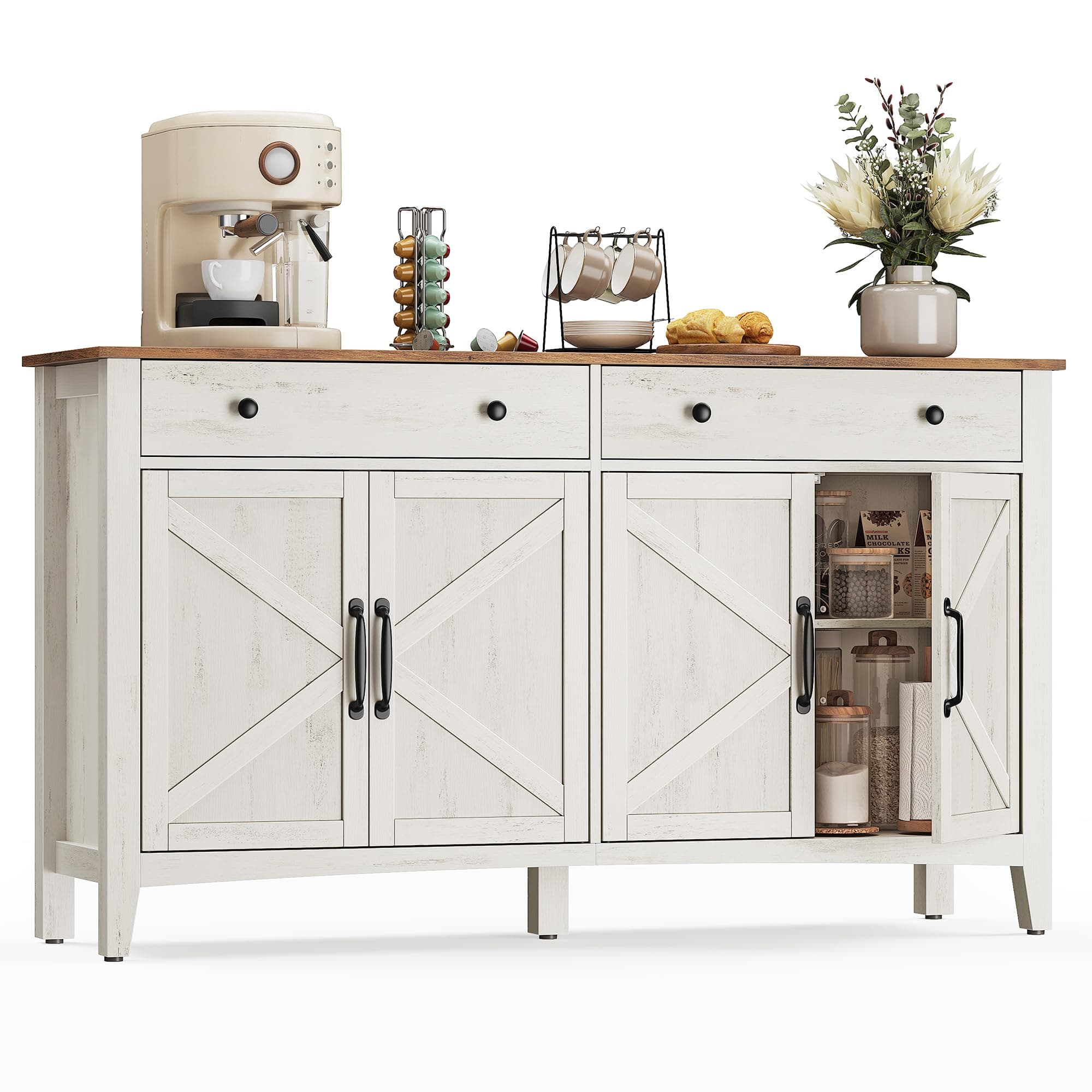 VASAGLE LIRY Collection - Buffet Cabinet, Coffee Bar Cabinet with 2 Drawers, Adjustable Shelves, Sideboard Storage with Cable Holes, Drawer Dividers, Rustic White and Honey Brown UBBK381W01