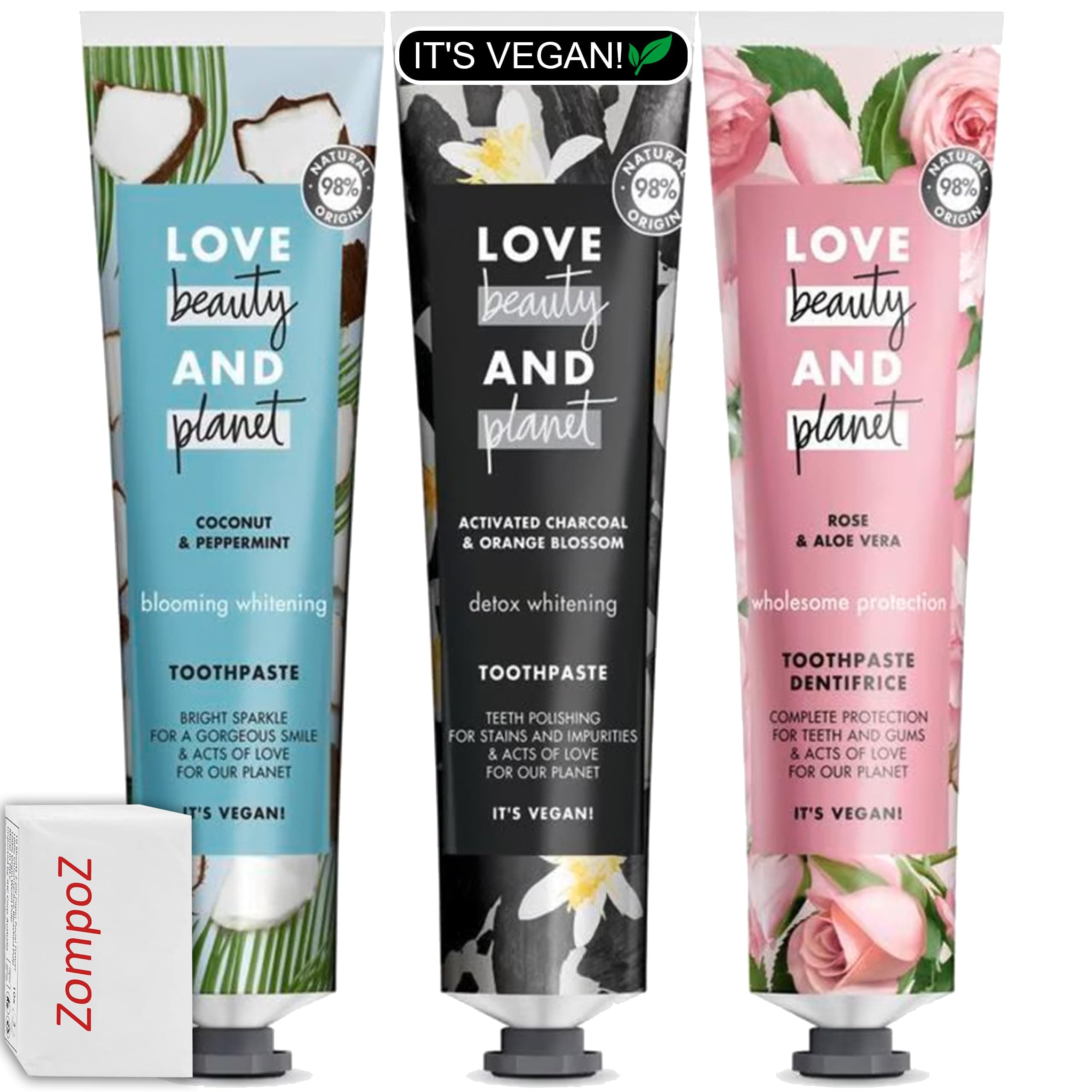 Love Beauty Planet Natural Vegan Toothpaste, Variety 3 Pack, Includes Activated Charcoal, Peppermint, Rose, Detox Whitening Toothpaste, Assorted Flavors, 2.5 Oz with Zompo-Z Tissues