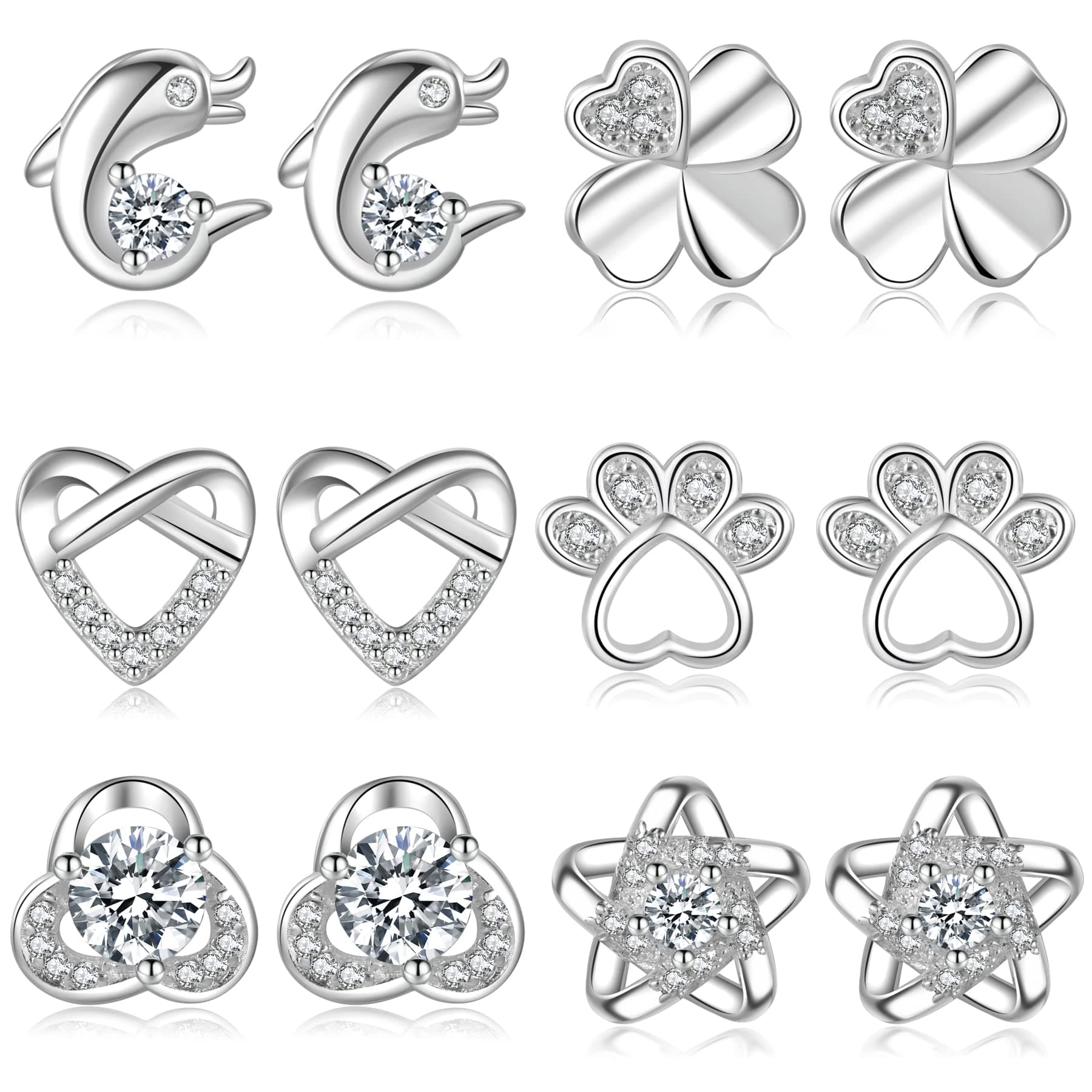 Sterling Silver Stud Earrings S925 Silver Stud Earrings for Women Cute Stud Earrings Hypoallergenic Cubic Zirconia Heart Stud Earrings Small Silver Stud Earrings for Women Set 4/6/8Pairs LOUMILEO