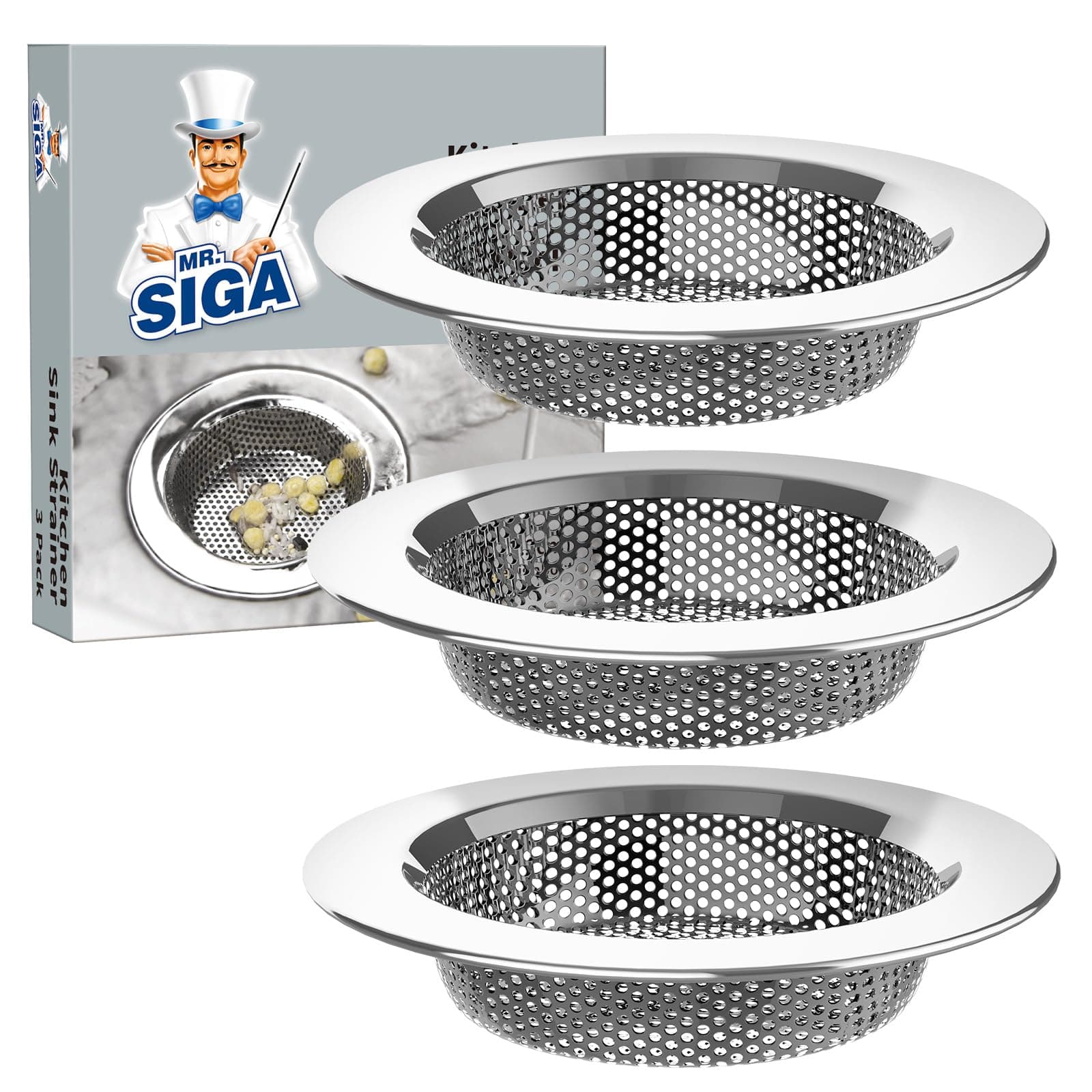 Kitchen Sink Strainer, Stainless Steel Sink Drain Strainer, Dishwasher Safe（External Diameter 11.2cm, Inner Diameter 7.6cm，Pack of 3）
