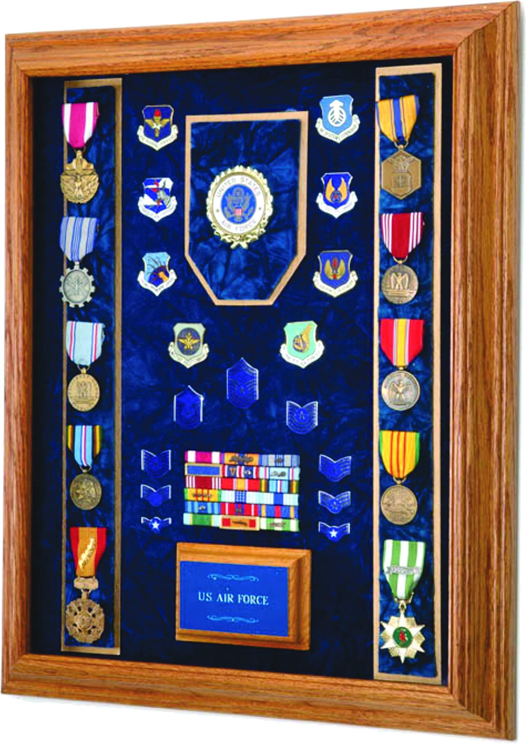 Military Medal Display Case - 16"x20" - wall mount Shadow box (Navy emblem / Blue velvet)