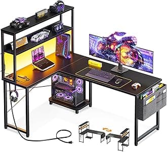 ODK 53 Inch L Shaped Gaming Desk with LED Lighting, Reversible Desk with Power Outlets, Cornor Computer Table with Storage Shelves & Bag & Iron Hook, Home Office Table for Writing, Study, Black