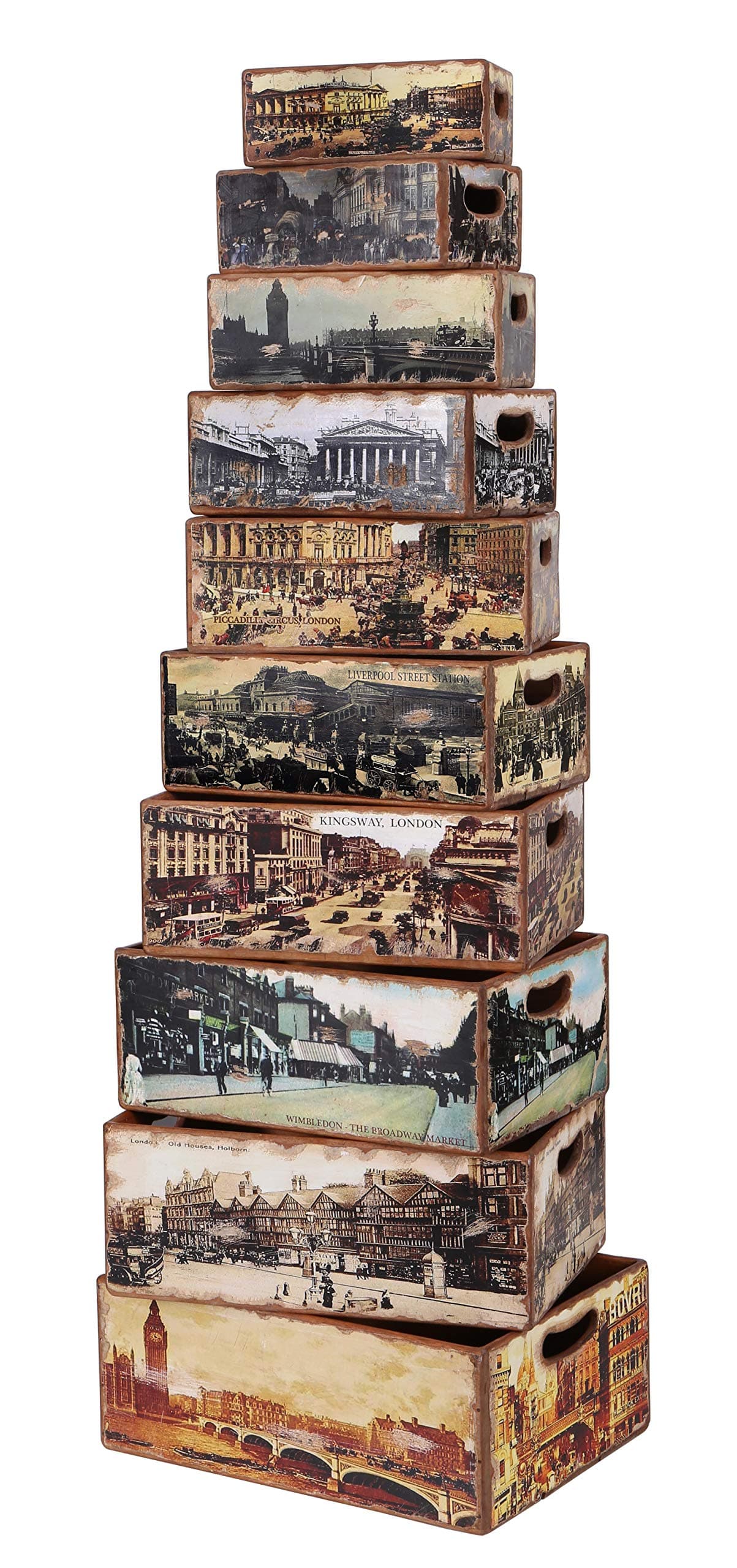 Hollyberry Home Set of 10 Rectangular Boxes-Old London, Wood, Multicolour, 52.5 x 38.5 x 21.5 cm