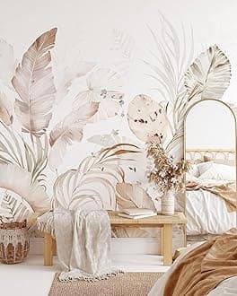 Beige Tropical Wallpaper | Removable Self Adhesive Watercolor Wallpaper | Tropical Peel and Stick Wallpaper (1 roll 24" W x 60" H)