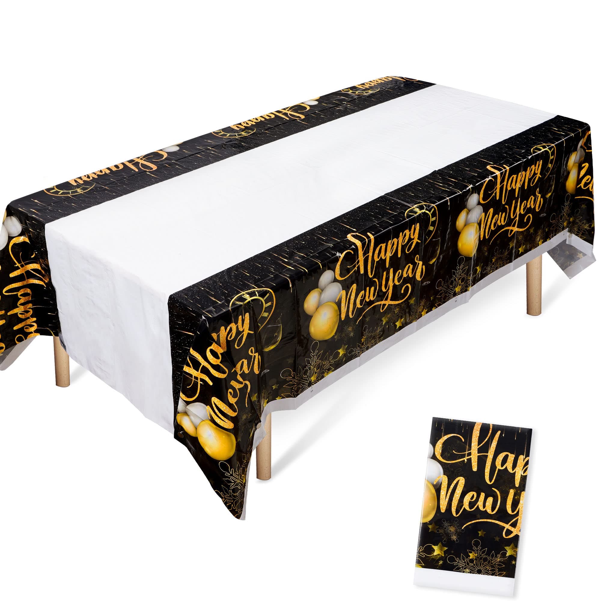 Happy New Year Plastic Disposable Black and Gold Table Covers