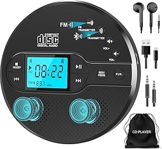 Portable CD Player with Bluetooth, Walkman CD Player with FM Transmitter and Speakers for Car, Rechargeable Discman with Anti-Skip Protection, Headphones, LCD Display (Black)