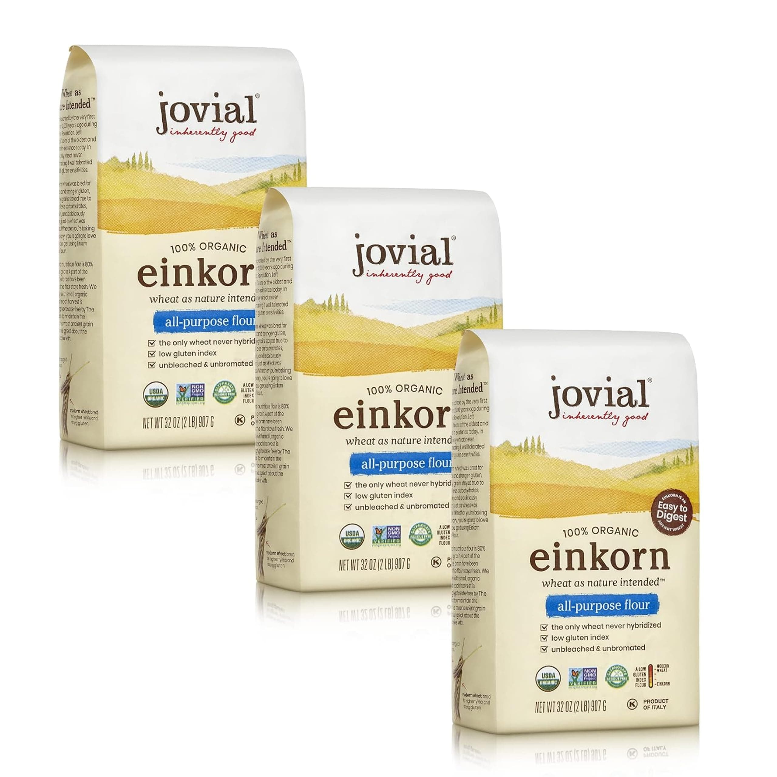 Organic Einkorn Unbleached All Purpose Flour - Bread Baking Flour for Sourdough, High Protein, Non-GMO, Organic Pizza & Pasta, European Italian, Glyphosate Free - 32 Oz, 3 Pack