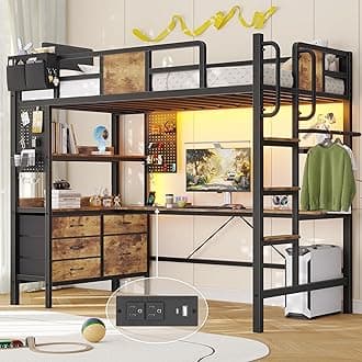 Loft Bed Twin Size with L-Shaped Desk,Heavy Duty Metal Loft Bed for Adults Teens, 5 Storage Drawers & LED Lights,Charging Station,No Box Spring Needed, Space Saving for Small Room, Rustic Brown