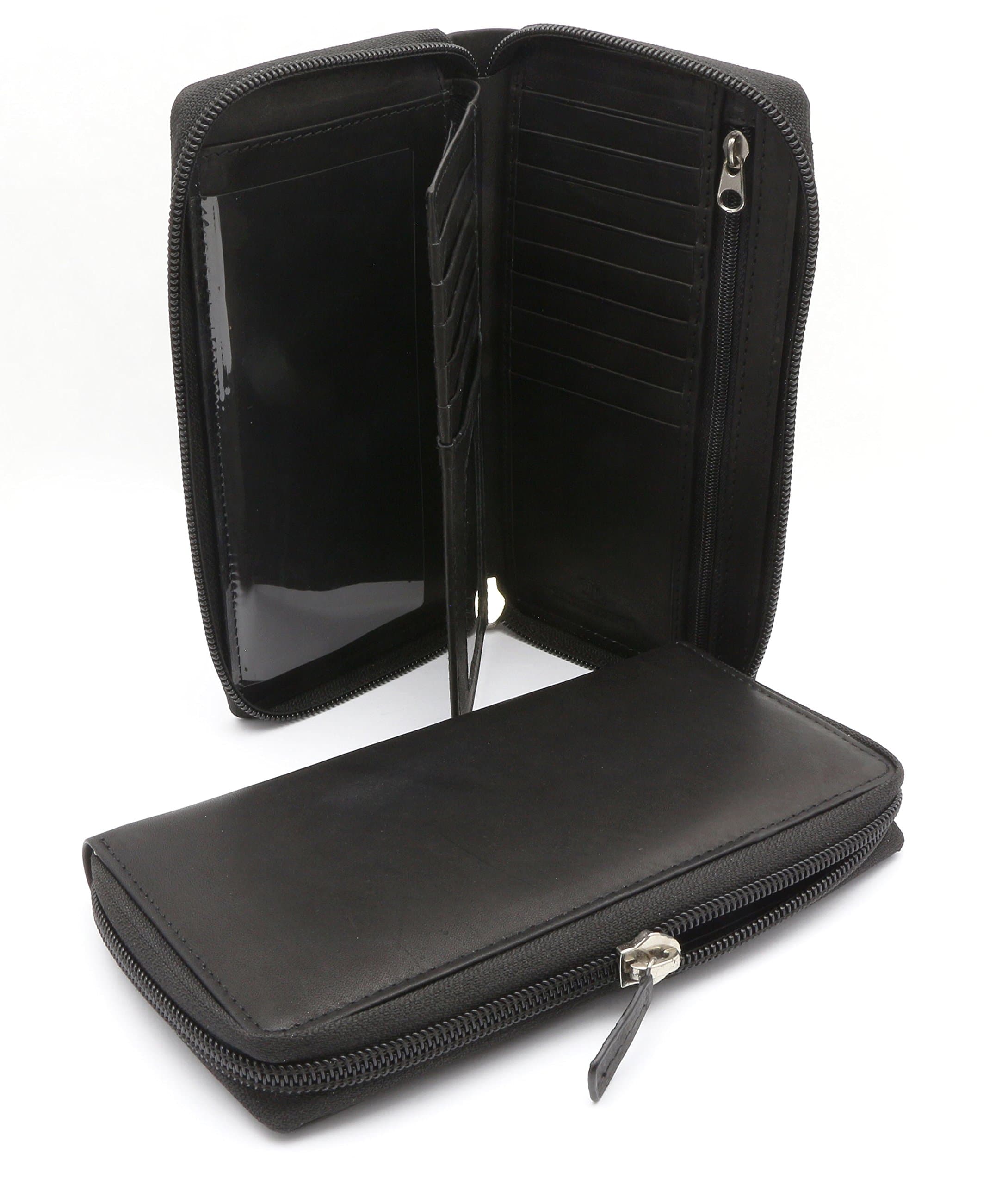 Bifold Black Leather Checkbook Holder Zip Around Wallet with Detachable Flap