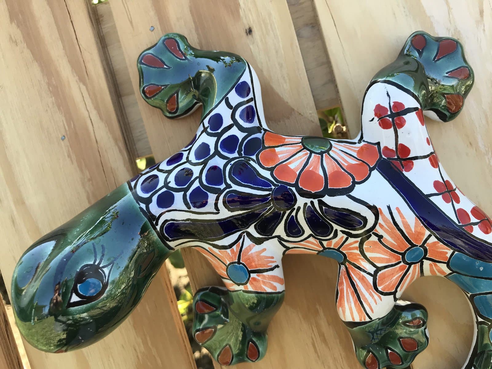 Authentic Puebla Talavera Ceramic Iguana 8" Pottery Mexico Hand Painted Hanging Wall Art Decor! Lifelike Shape Gecko Style Lizard [ Green Yellow Tail]