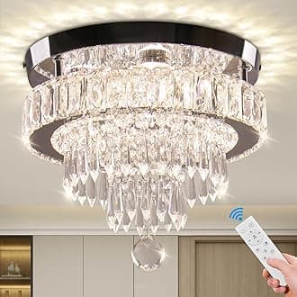 LEONTYNE 11.8 inch Modern Crystal Chandeliers Dimmable LED Ceiling Light Fixtures Stainless Steel Flush Mount Ceiling Chandelier Light for Bedroom Foyer Hallway Closet (Remote Control & App)