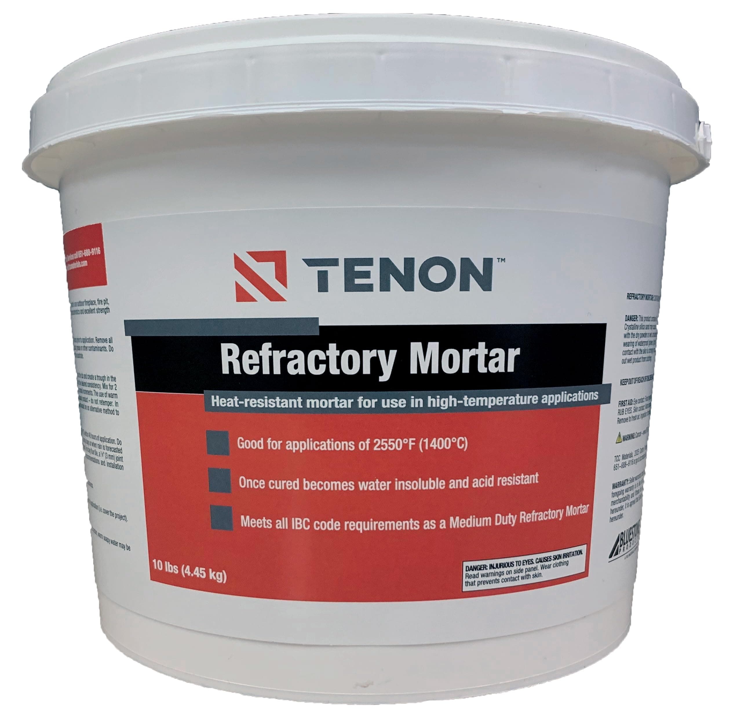 Tenon Refractory Mortar - High Temperature Mix for Fireplaces, Fire Pits, Chimneys, Parging, Brick, Clay, and More, White in Color, High Heat Resistance, Up to 2550°F (1, 10 Pound)