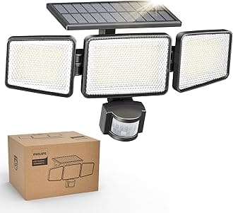 Philips Solar Security Light Outdoor Light 302 LEDs 1200lm，Solar-Powered Waterproof Wall-Mounted Flood Light w/PIR Motion Sensor, 3 Heads, IP65 Waterproof, 3 Modes (1 Pack)