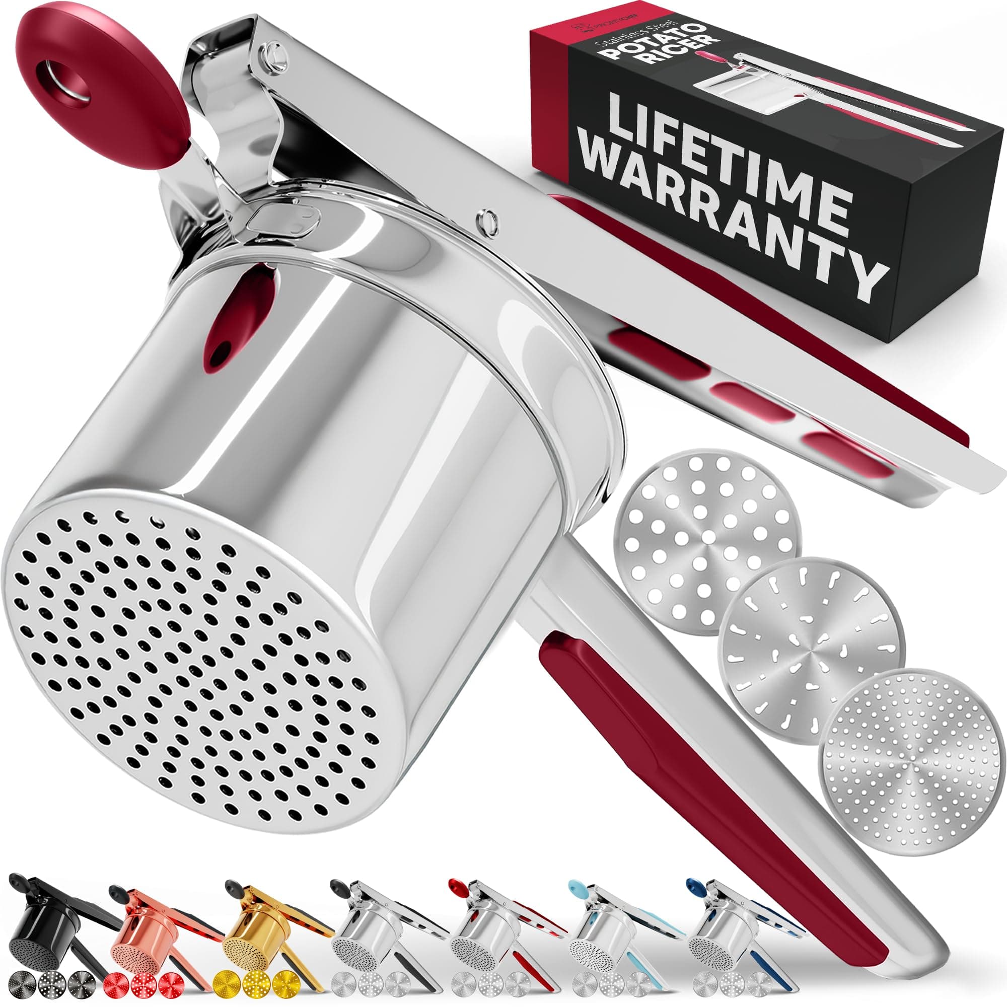 PriorityChef Large 15oz Potato Ricer With 3 Discs, Heavy Duty Stainless Steel Potato Ricer for Mashed Potatoes, Potato Masher, Press and Ricer Kitchen Tool, Red