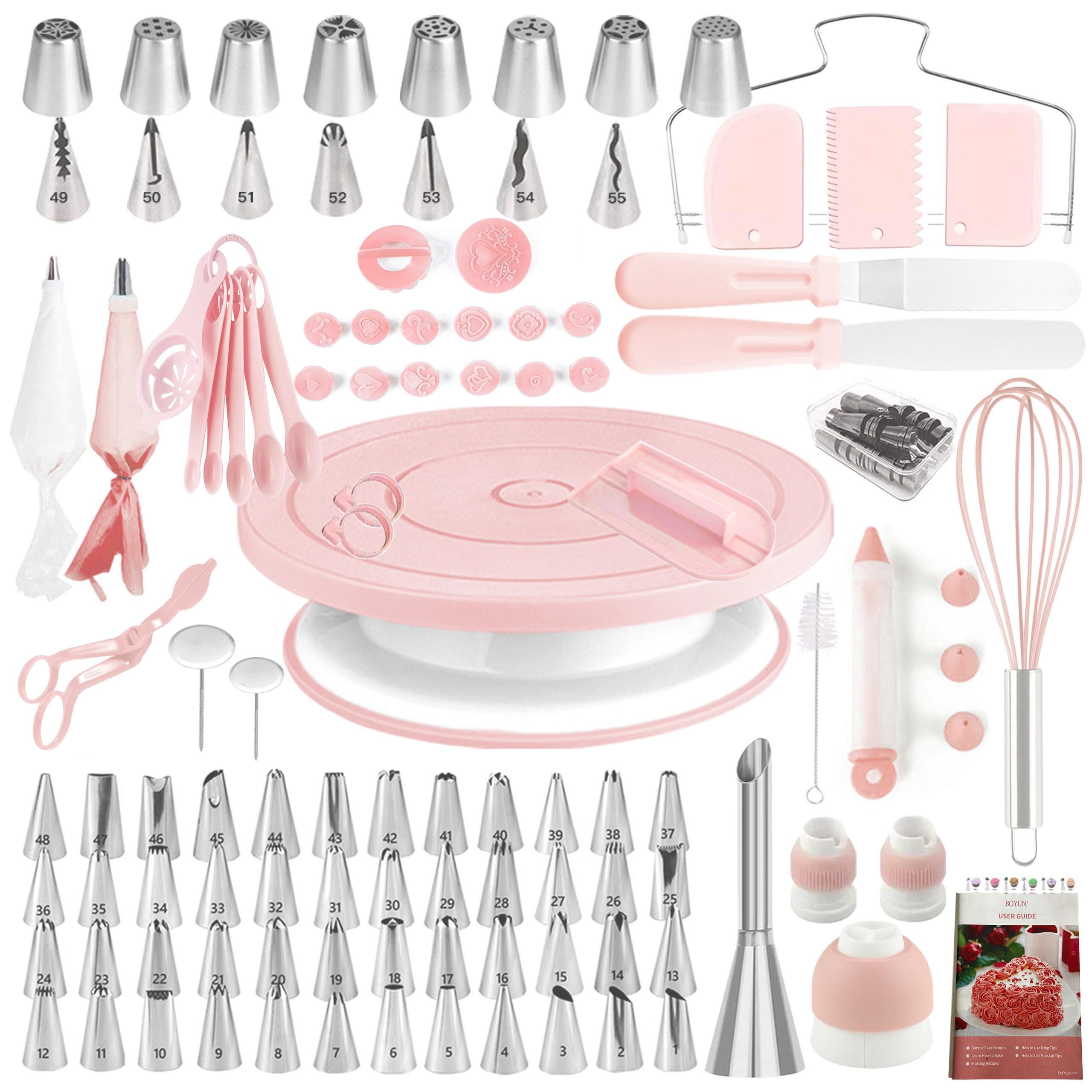 Cake Decorating Kit,137pcs Cake Decorating Supplies with Cake Turntable for Decorating,Pastry Piping Bag,Russian Piping Tips Baking Tools, Cake Baking Supplies for Beginners(Light Pink)