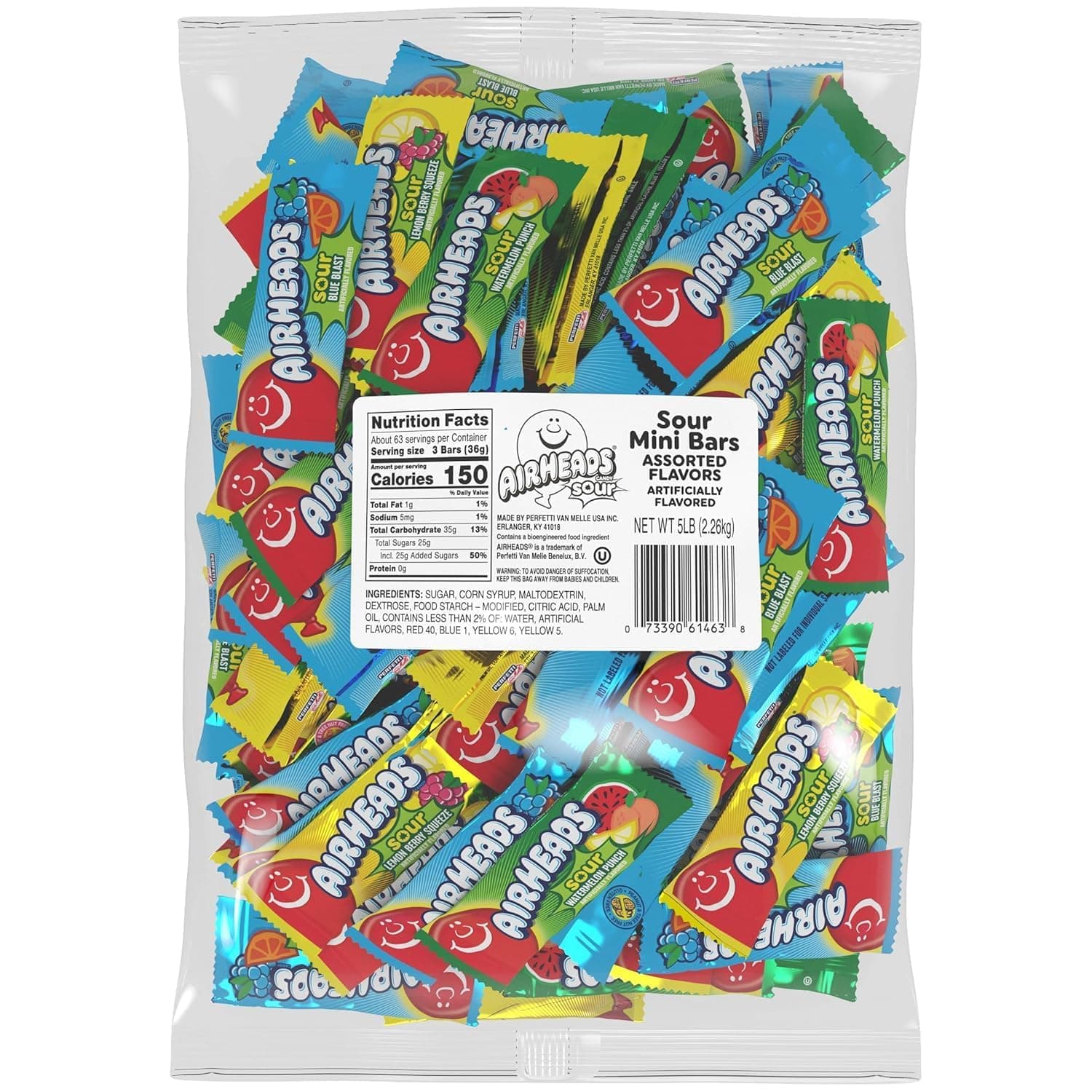 Airheads Mini SOUR Bars, Sour Watermelon Punch, Blue Blast, and Lemon Berry Squeeze, 5lb Bulk Bag