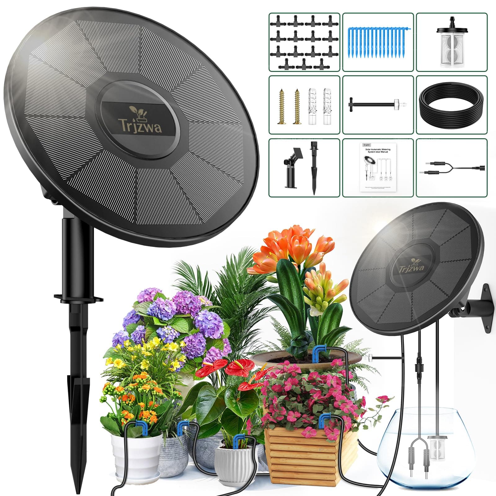Solar Irrigation System TRJZWA Automatic Drip Irrigation Kit for Outdoor/Indoor Garden Watering System with Water Level Detection,Drip Irrigation System for 15 Potted Plant with 15m Water Hose