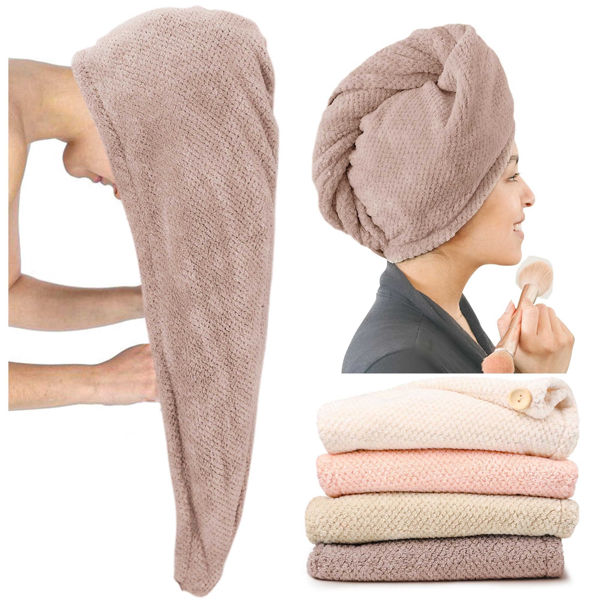 Extra Large 4 Pack Microfiber Hair Towel Wrap for Women Super Absorbent & Quick Dry Hair Drying Towels with Button, Hair Turbans for Curly Hair Long & Short Hair - Anti-Frizz (Pink Pinstripe)