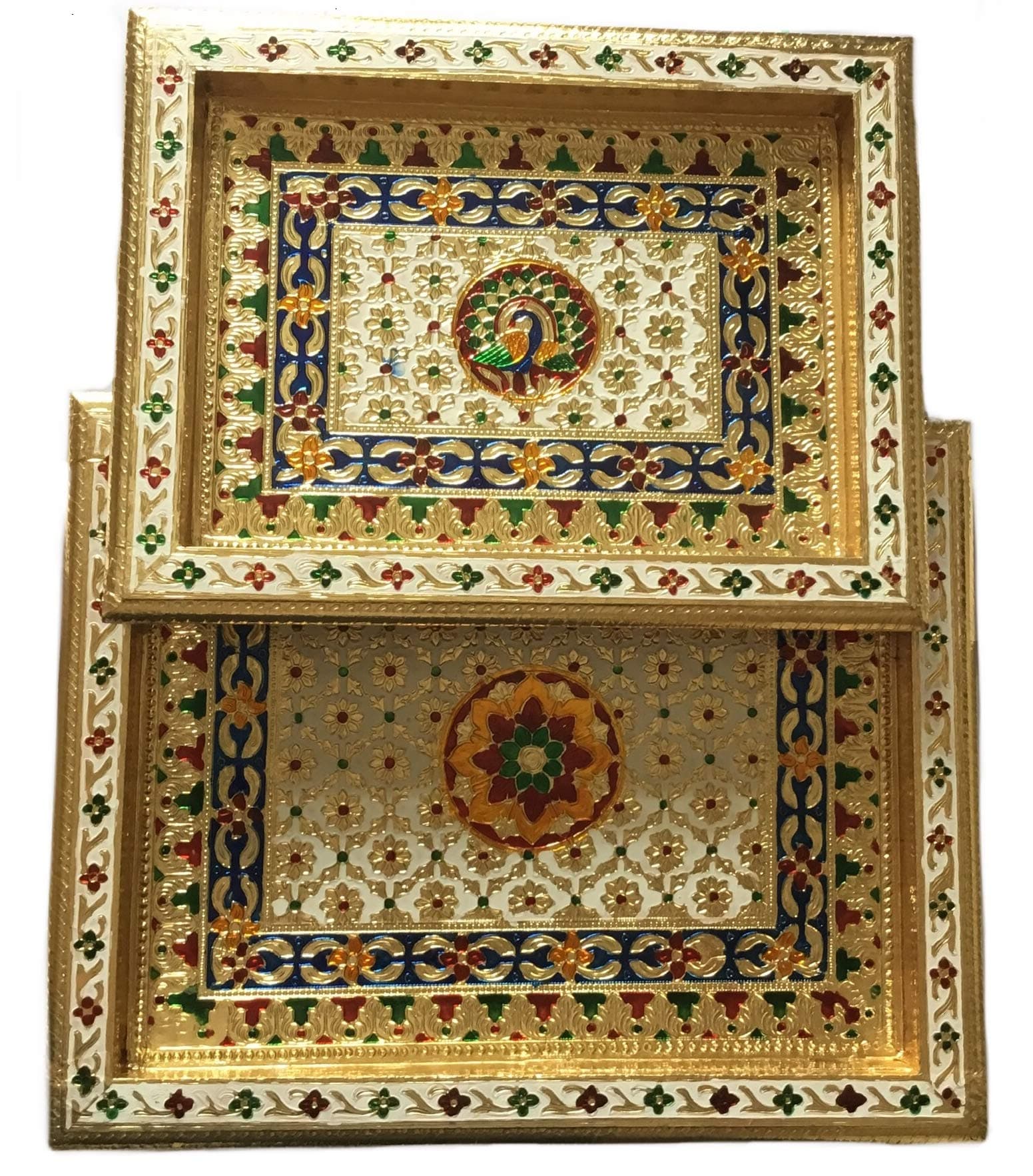 Hindoro Wooden Rectangular Hand Crafted Decorative Large Serving Tray, 2 Pcs, Gold