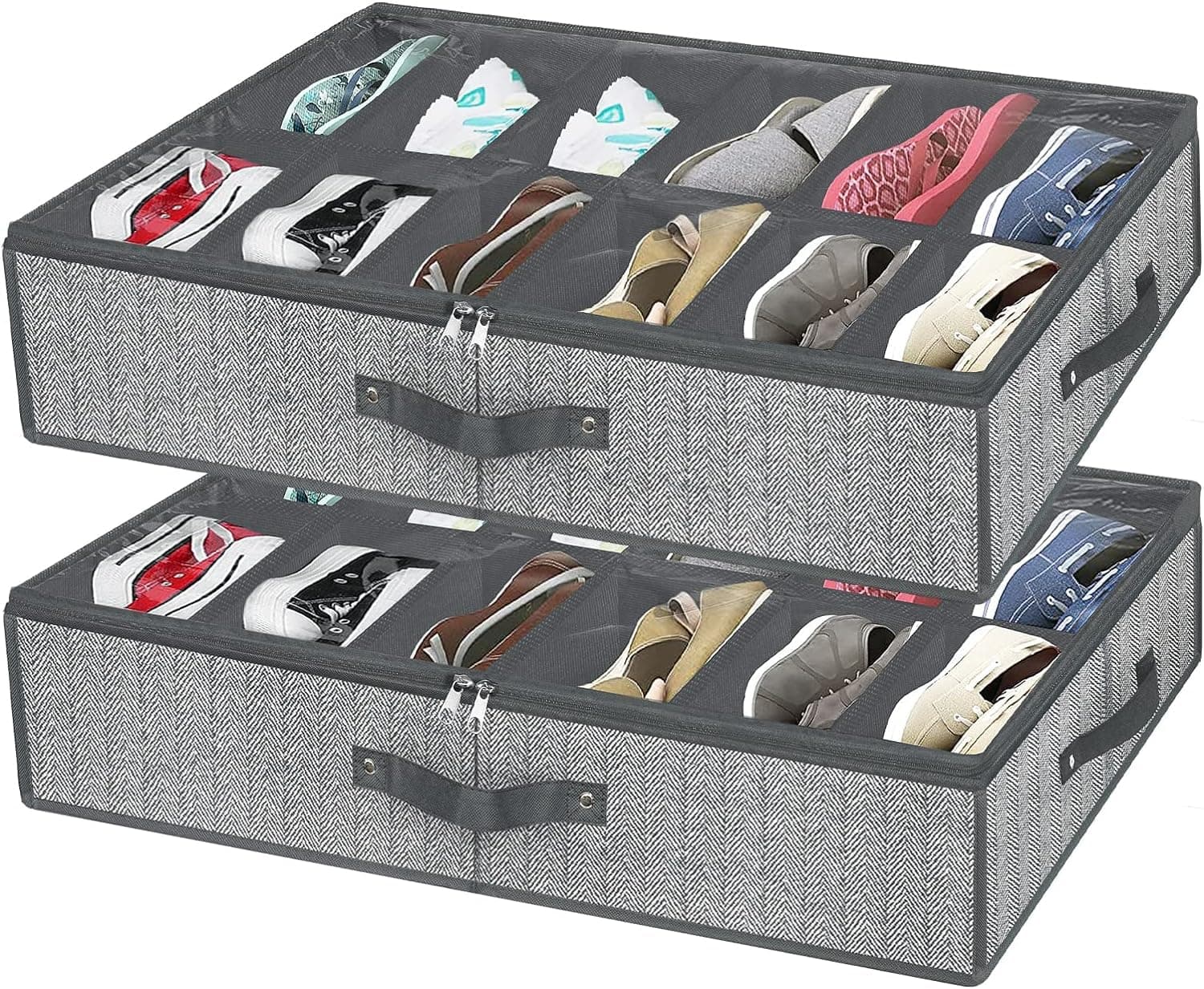 homyfort Under Bed Shoe Storage Organizer for Closet Fits 24 Pairs-Sturdy Underbed Shoe Containers Boxes Organizador De Zapatos with Clear Cover,Set of 2, 29.3 x 23.6 x 5.9inch(Herringbone Grey)
