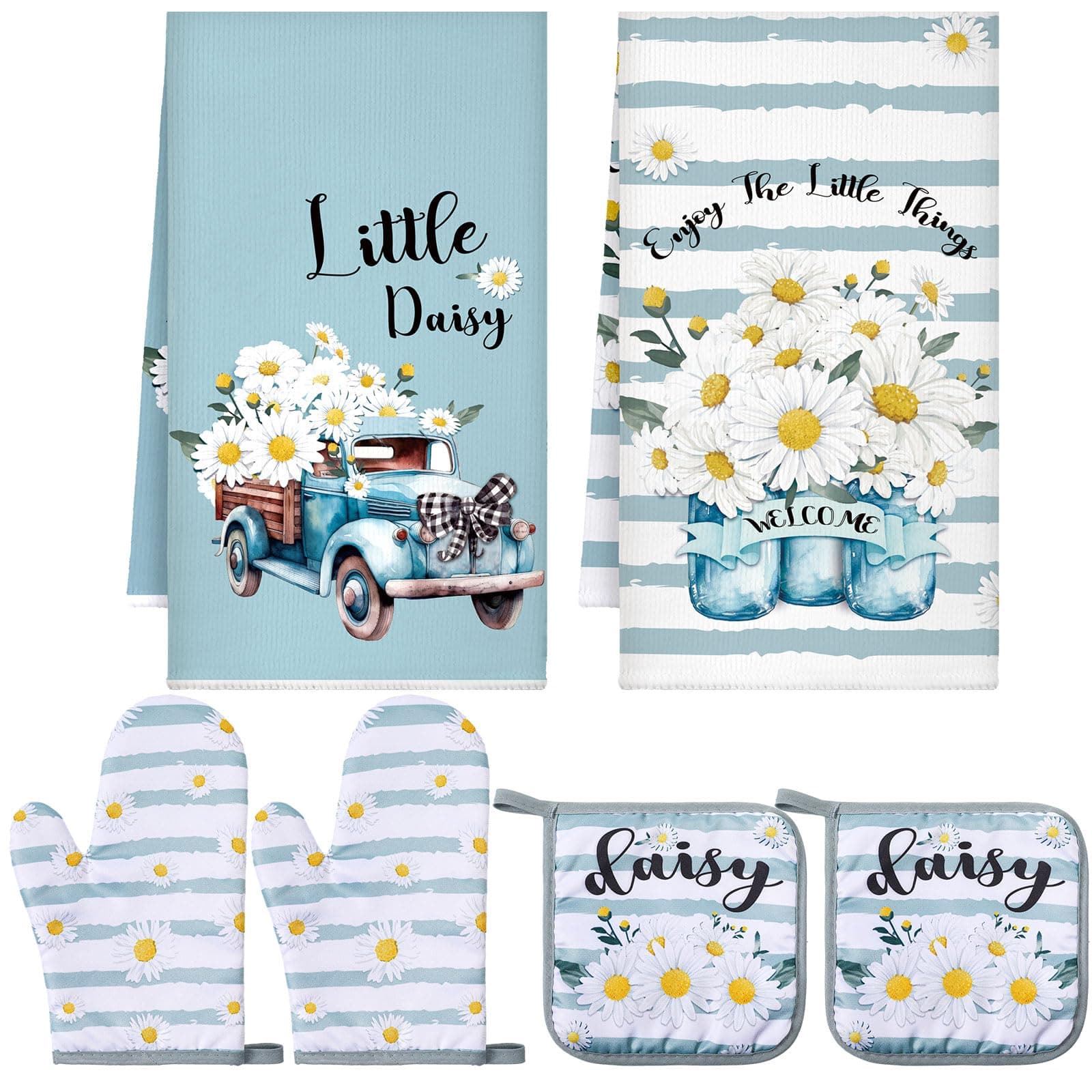 Bencailor 6 Pcs Spring Kitchen Decor Sunflower Pot Holders and Oven Mitts Sets Yellow Kitchen Towel 2 Farmhouse Cooking Mittens for Cooking Grilling Supply Accessories(Blue, White,Daisy)