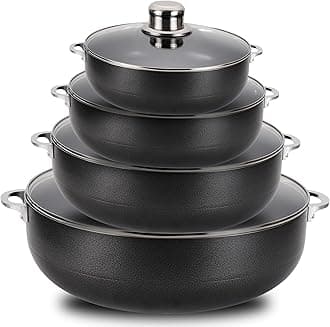 Alpine Cuisine 8-Piece Nonstick Aluminum Caldero Cookware Set with Glass Lids | Durable Pots for Stew & Rice, Easy Clean, 2, 3.5, 7, 13 Quart, Black