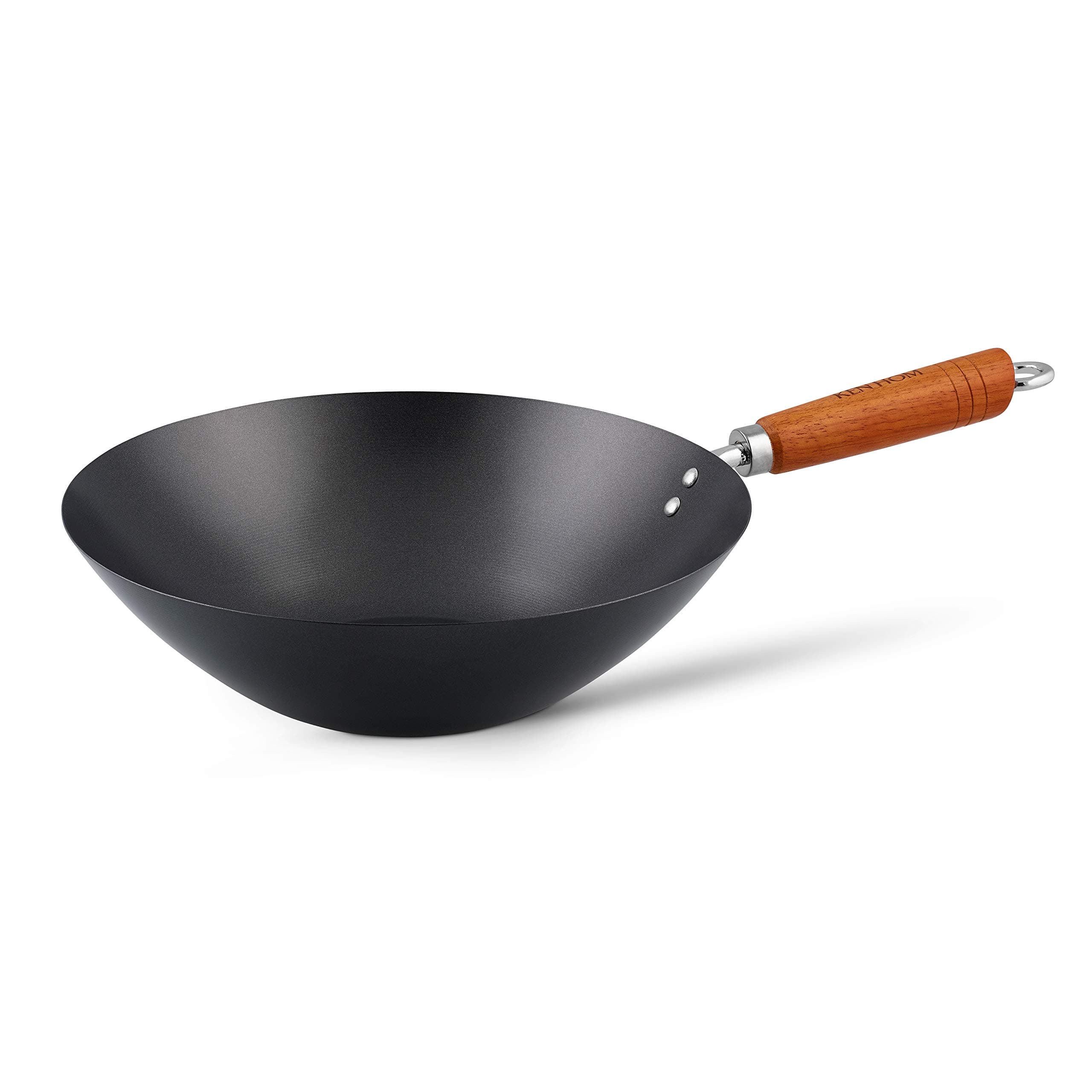Ken Hom Carbon Steel Wok, Non-Stick 31cm, Classic, Non-Induction/Wooden Handle/Flat Base Pan, Includes 1 x Chinese Wok Pan, Not Dishwasher Safe