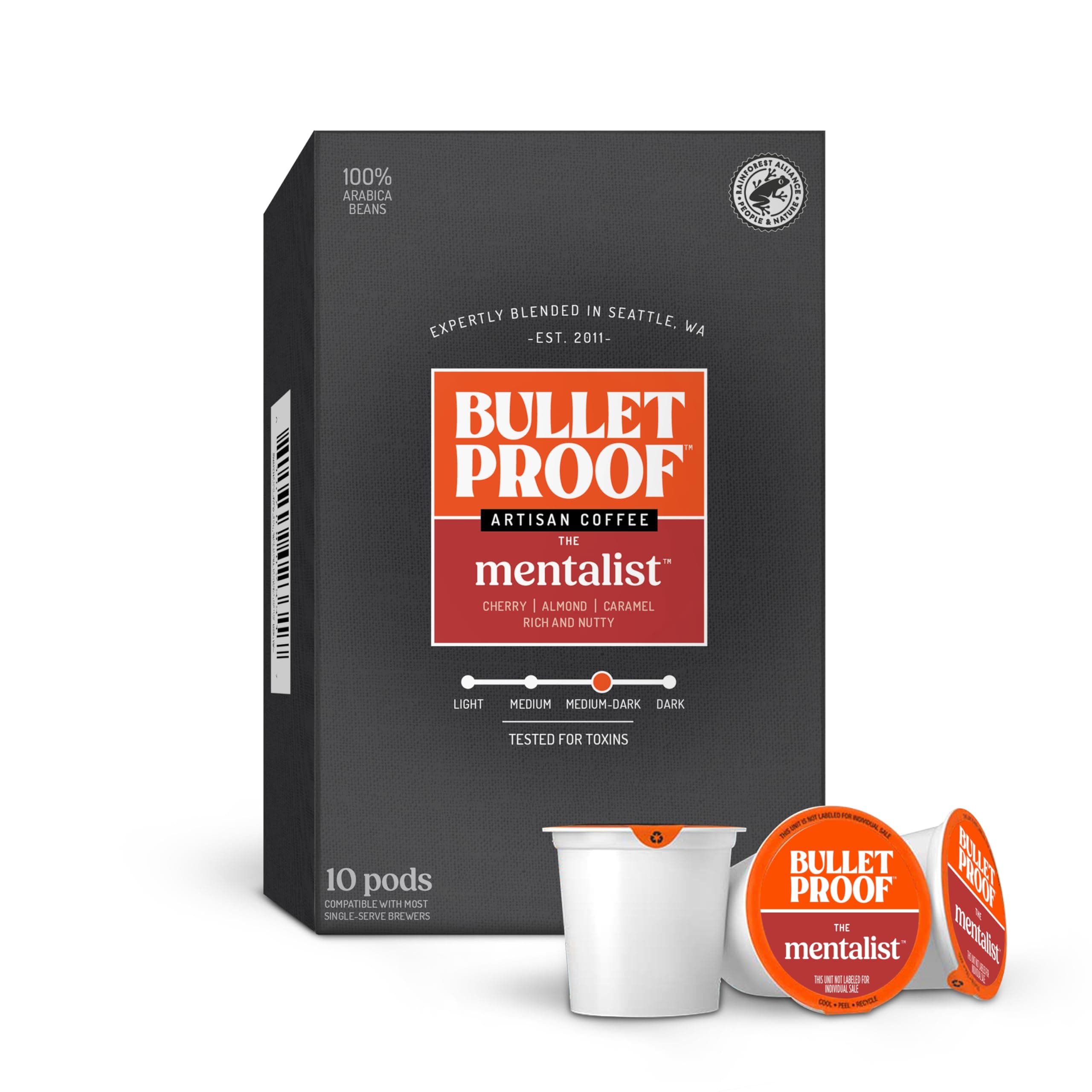 Bulletproof The Mentalist Medium-Dark Roast Single-Serve Pods, 10 Count, 100% Arabica Beans, Clean Coffee Tested for Toxins