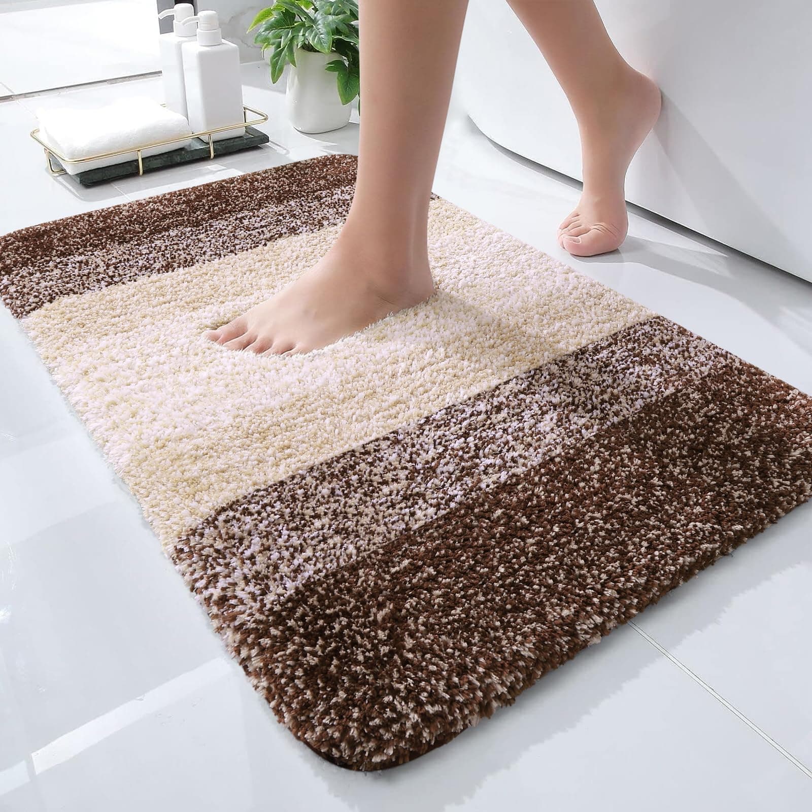 Bathroom Rug Mat 24x16, Extra Soft and Absorbent Microfiber Bath Rugs, Non-Slip Plush Shaggy Bath Carpet, Machine Wash Dry, Bath Mats for Bathroom Floor, Tub and Shower, Brown