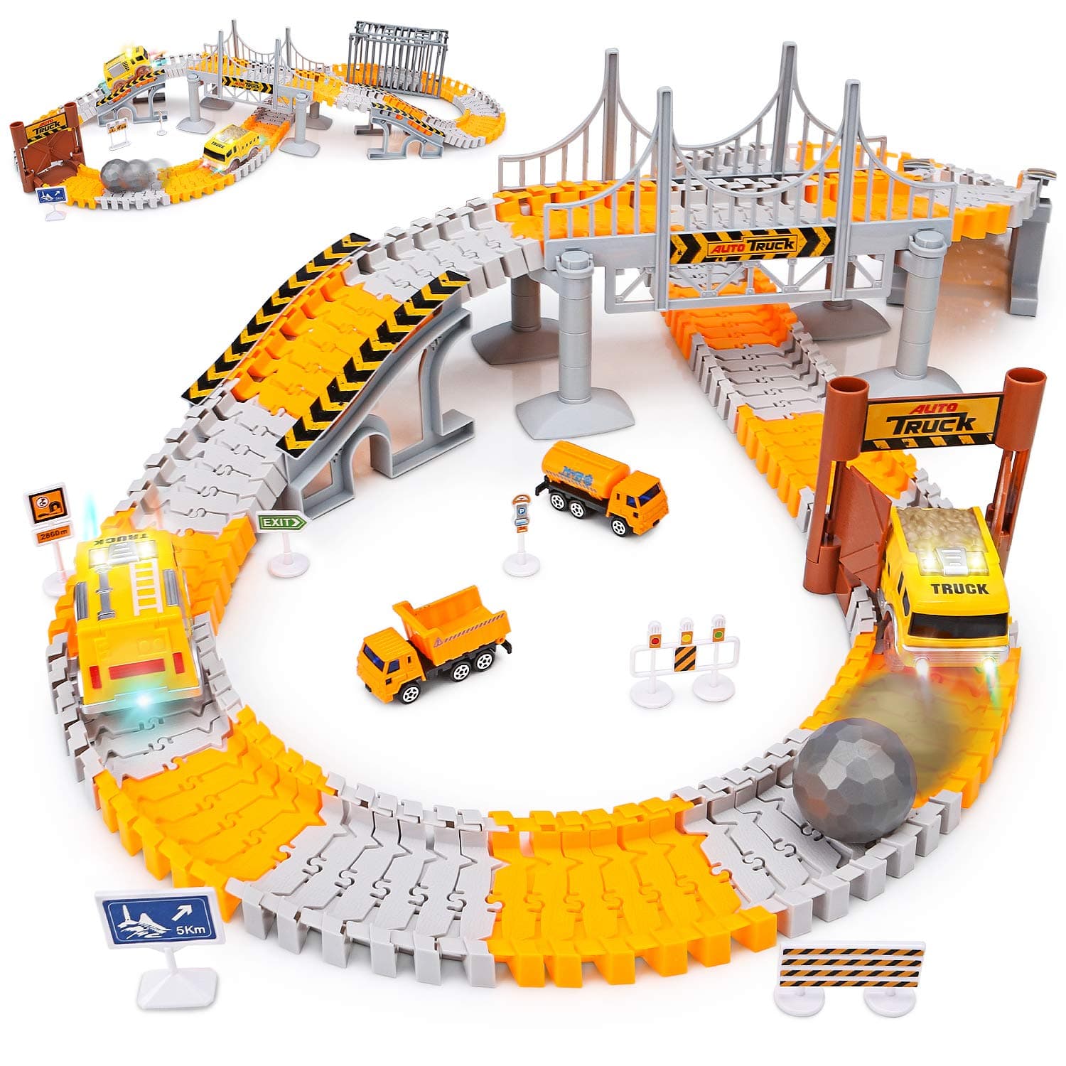 KKONES Engineering Tracks car for Kids Toys,161pcs Create A Engineering World Road Race,Flexible Track Playset and 2 pcs Cool Engineering Car for 3 4 5 6 7 Year & Up Old boy Girls Best Gift