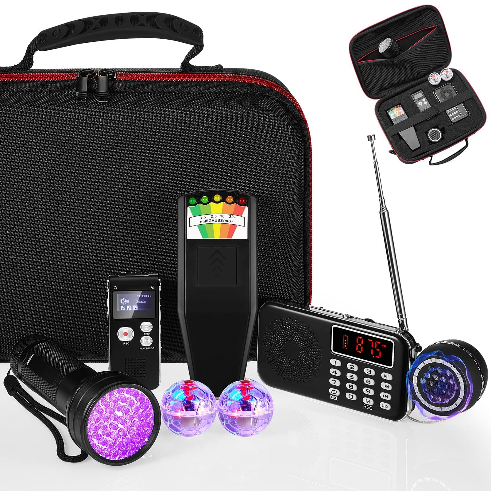 Dunzy 8 Pcs Ghost Hunting Equipment Kit, Include 1 Emf Meter 1 EVP Voice Recorders 1 Spirit Ghost Hunting Research Case 1 Flashlight 1 Speaker 2 Motion Light up Cat Balls 1 Radio(Emf Meter 1, Radio 1)