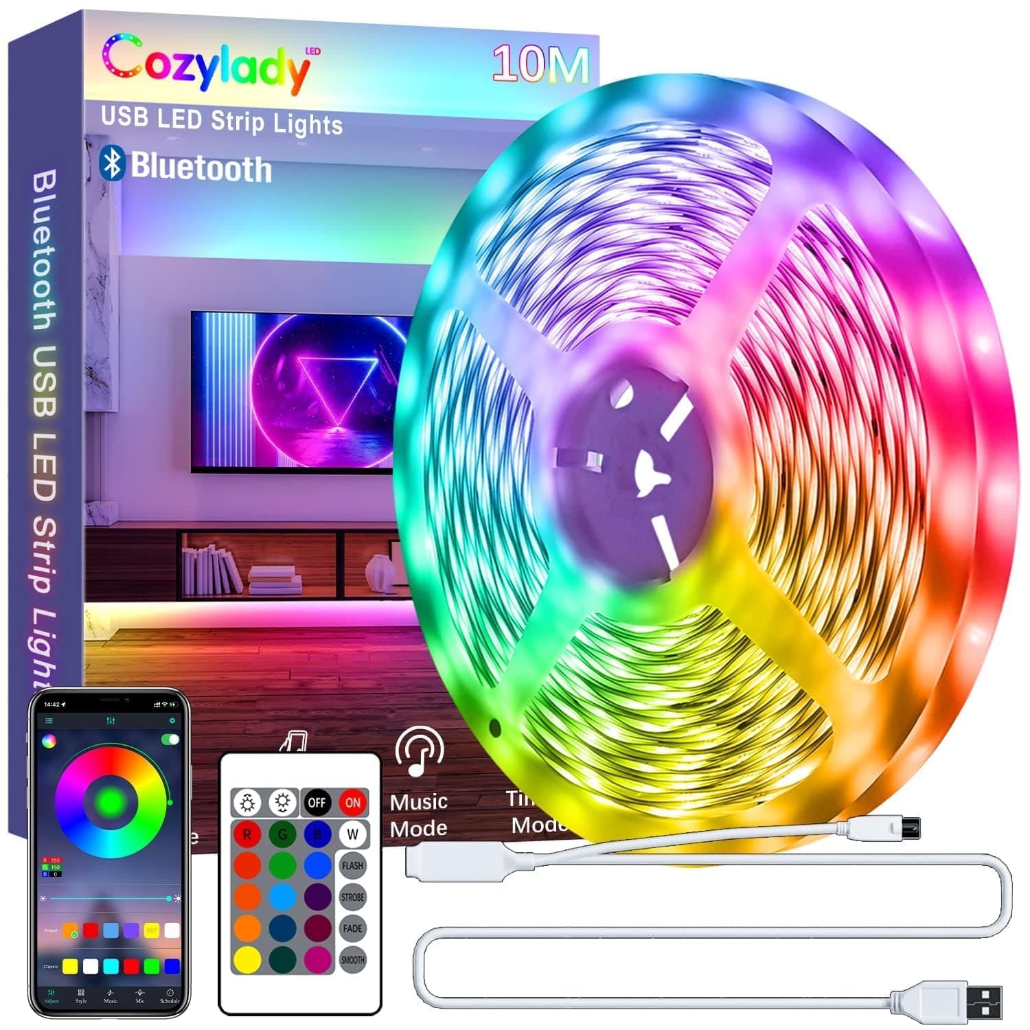Cozylady 10M USB Led Light,Smart Bluetooth RGB Light with APP Control, Timer Setting, Music Mode, Led Light Strip for Decoration, Bedroom, PC,Cabinet(usb 10m)